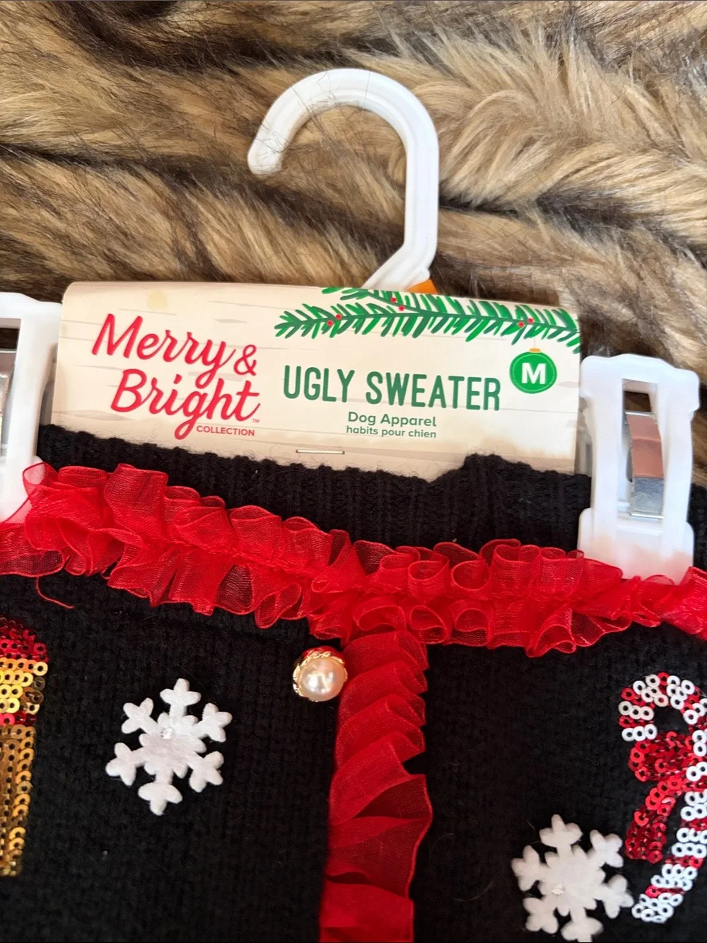 Merry & Bright Black Holiday Ugly Sweater Dog Costume With Sequins Size Medium